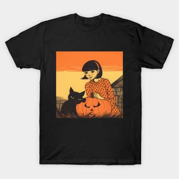 Halloween Brunette Girl in orange dress with black Cat and Pumpkin T-Shirt by KOTYA